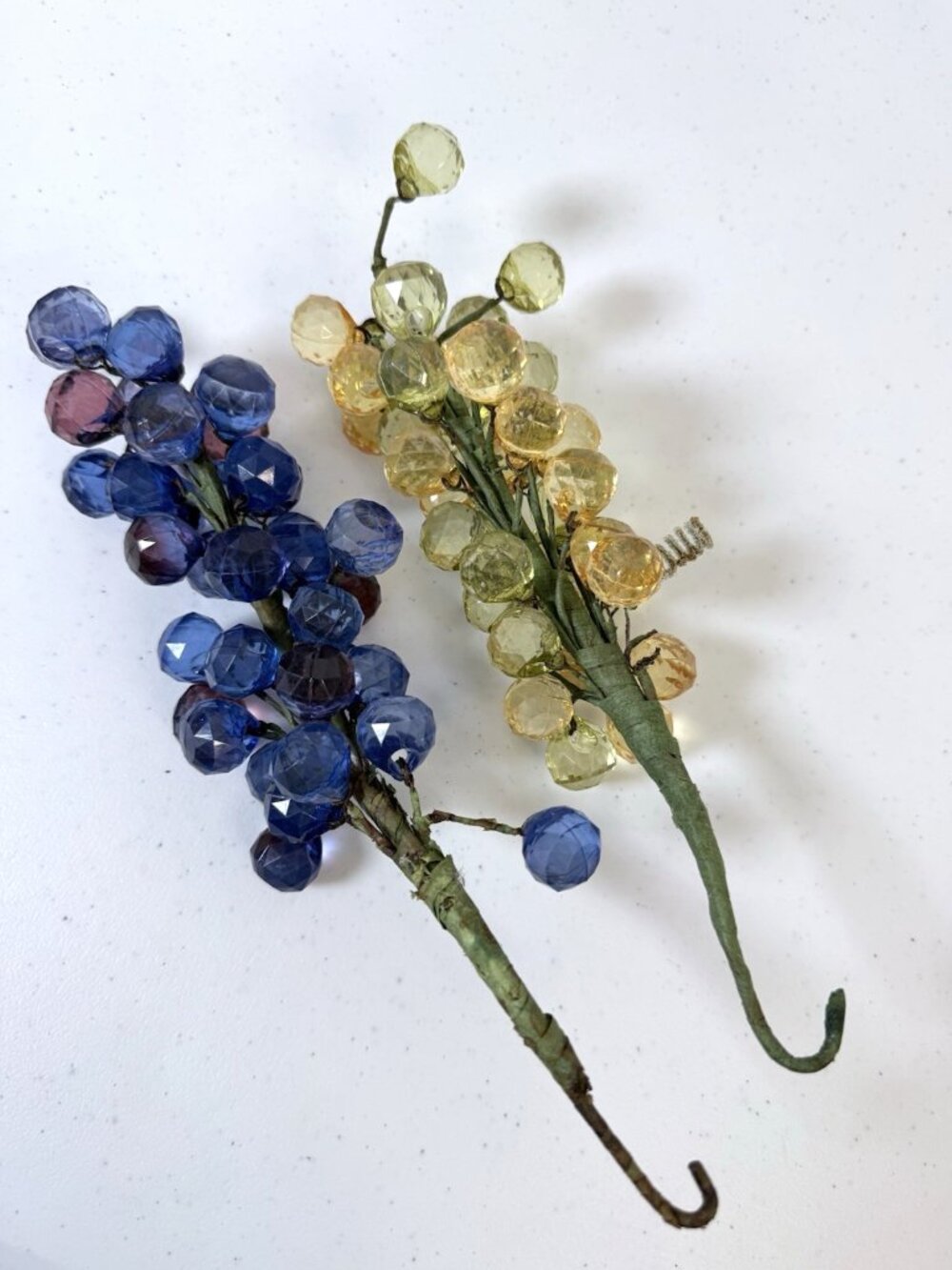 2 Vintage Lucite Acrylic Faceted Grape Clusters 9" Blue Purple Green Gold MCM
